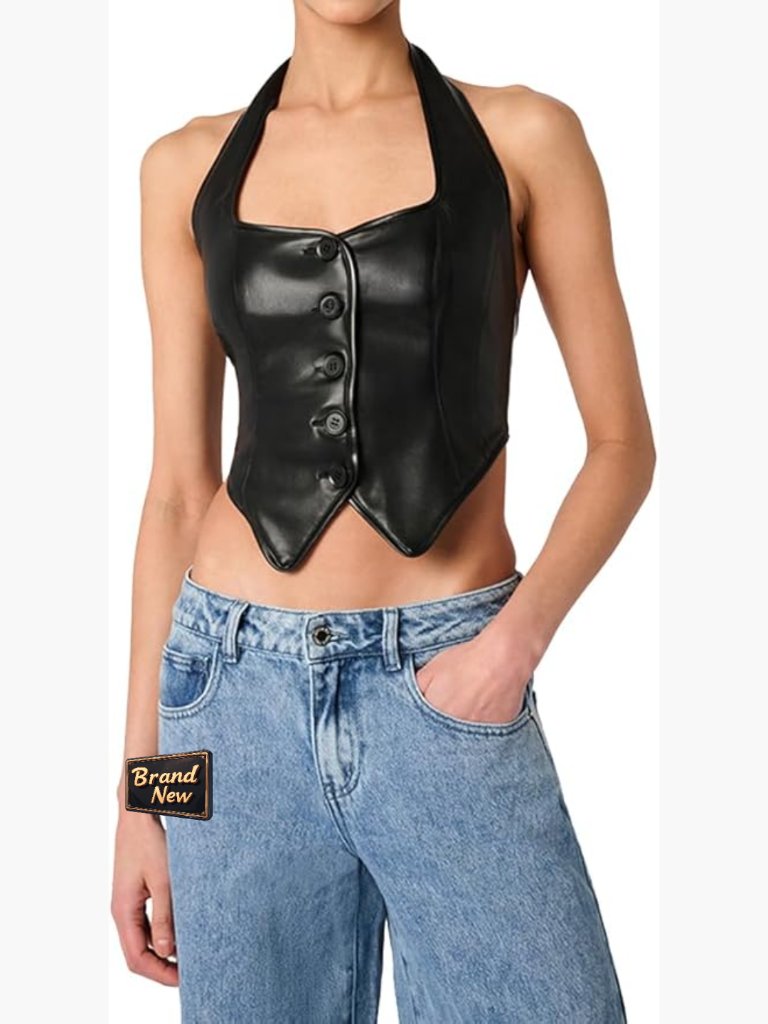 Women's Faux Leather Halter Vest - Button Front Open Back Vest